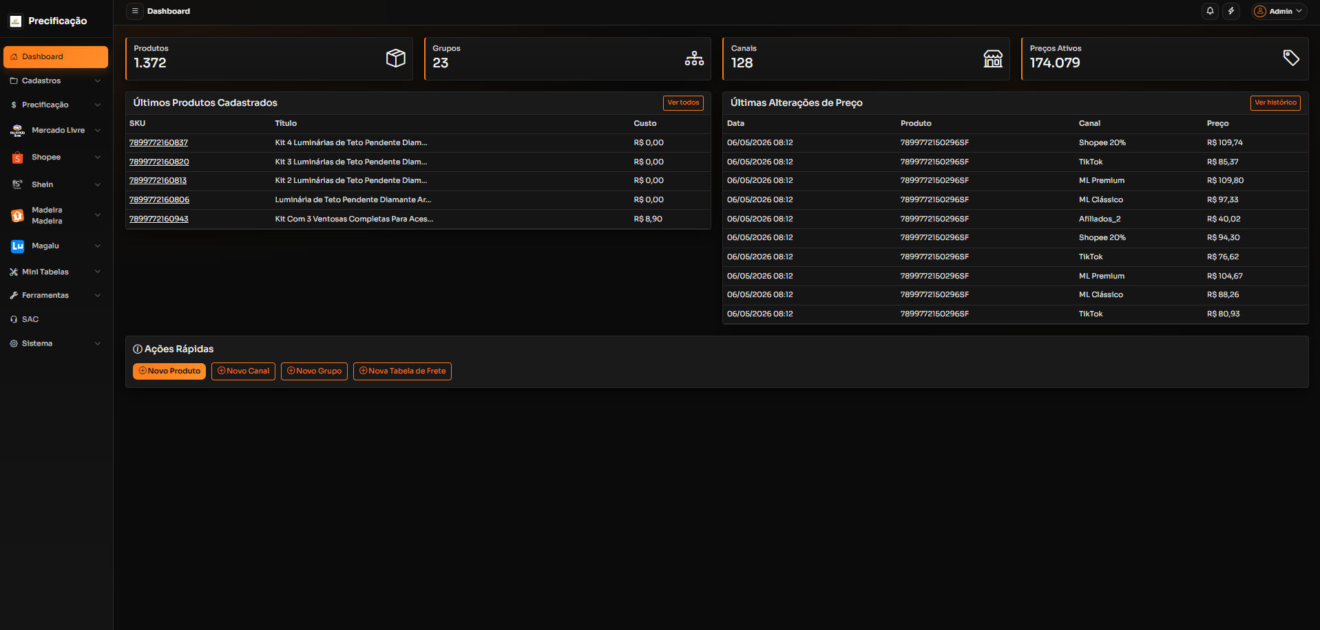 Tela dashboard Mcseller
